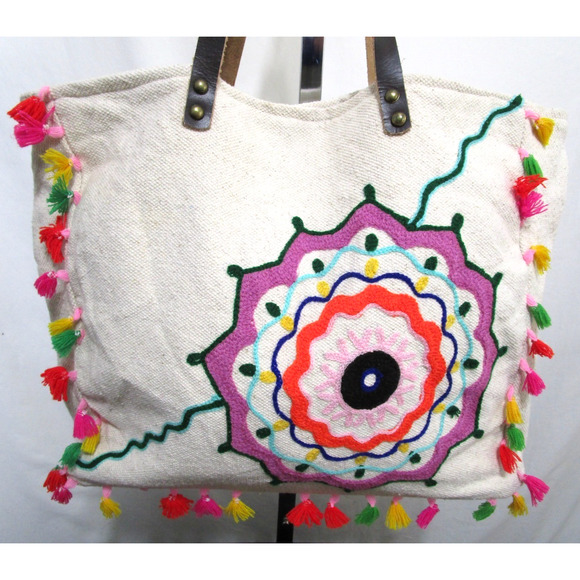 Twos Company Large Boho Ivory Canvas Multicolor Tassel Shoulder Tote Bag - Picture 3 of 12